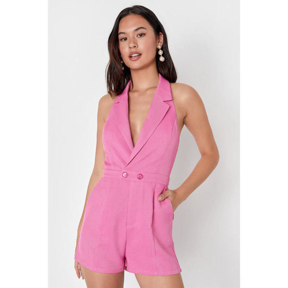 Lulus Boardroom Cutie Pink Tweed Collared Backless Romper - Size S